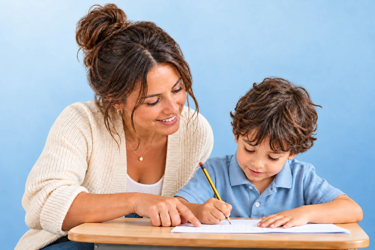 An early years teacher supporting a child as they write with pencil and paper.